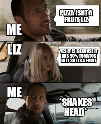 Meme Creator Funny Pizza Isnt A Fruit Liz Yes It Is Because It Has 90 Tomatos In It So Its A Frui Meme Generator At Memecreator Org