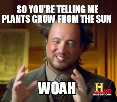 Meme Creator Funny So You Re Telling Me Plants Grow From The Sun Woah Meme Generator At Memecreator Org Meme Creator Funny So You Re Telling Me Plants Grow From The Sun Woah Meme Generator At Memecreator Org